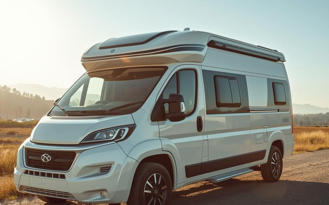 A modern white camper van parked on a dirt road alongside a golden field, illuminated by the warm glow of the setting sun with distant mountains in the background - www.beatriceinsuranceagent.com